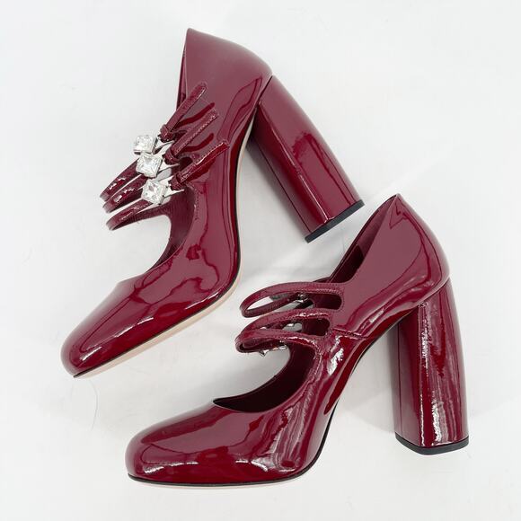 Miu Miu Burgundy Patent Leather Crystal Strap Mary Jane Block Heel Pump IT 36 - Picture 4 of 13